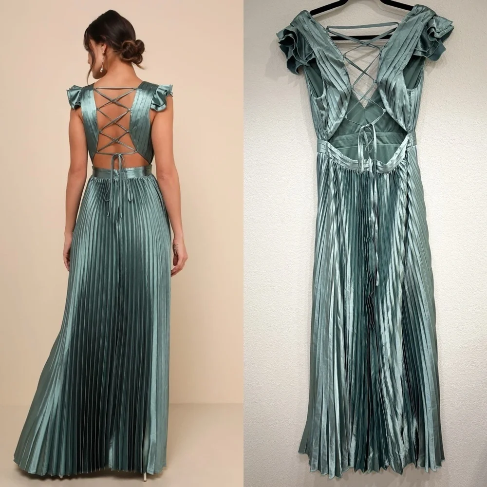 NWOT Lulus Exceptional Drama Sage Green Satin Lace-Up Pleated Maxi Dress - Picture 5 of 9